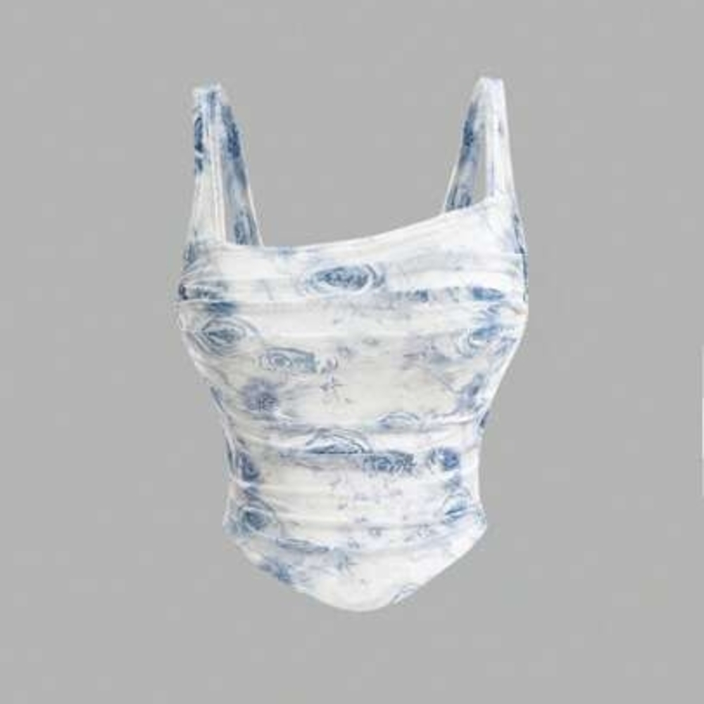 Womens Blue And White Floral Print Pleated Camisole Top